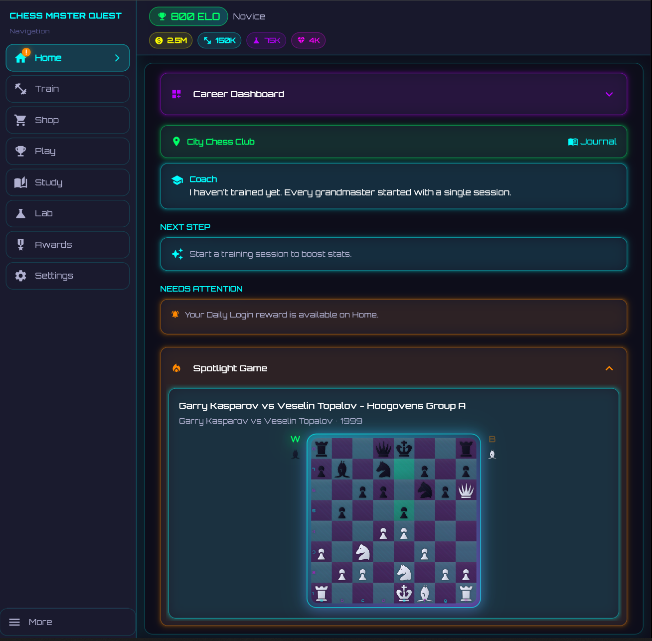 Chess Master Quest career dashboard screenshot